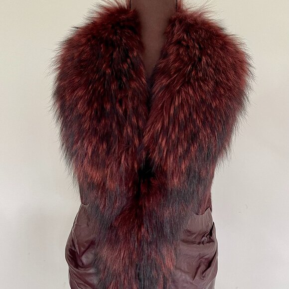 NWOT Burgundy Brown Leather Vest Real Fox Fur S size - Picture 2 of 16